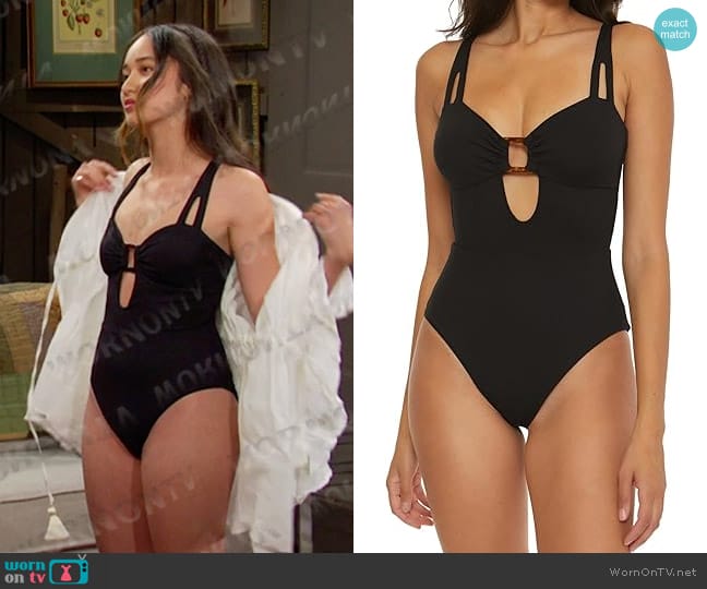 Becca Fine Line One-Piece Swimsuit in Black worn by Sophia Choi (Madelyn Kientz) on Days of our Lives
