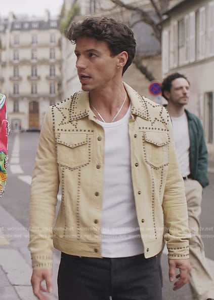 Benoit’s beige studded jacket on Emily in Paris