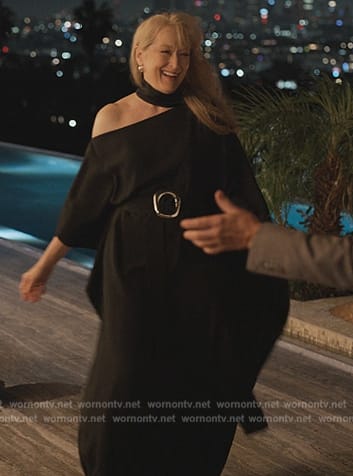 Loretta’s black belted cutout dress on Only Murders in the Building