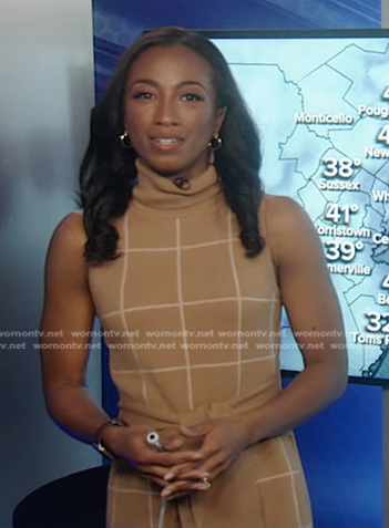 Brittany’s beige windowpane turtleneck knit dress on Good Morning America