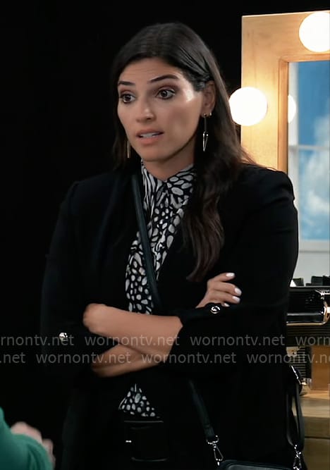Brook Lynn’s black and white printed blouse and blazer on General Hospital
