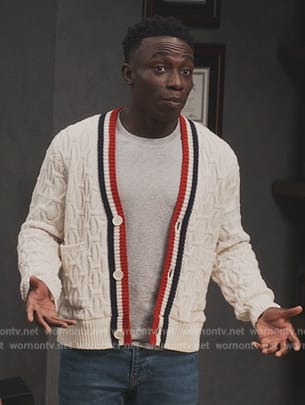 Carlton’s white contrast stripe cardigan on Bel-Air