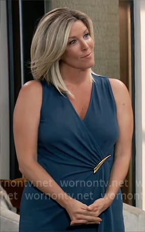 Carly’s teal sleeveless faux wrap dress on General Hospital