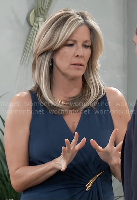 Carly’s teal sleeveless faux wrap dress on General Hospital