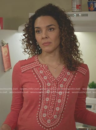 Carmen’s pink embroidered top on Cobra Kai