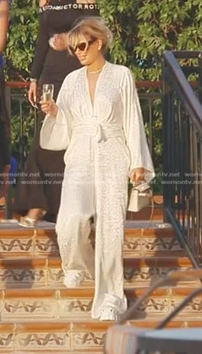 Caroline’s white leopard jumpsuit on The Real Housewives of Dubai