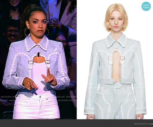 Casablanca Blue Cutout Arch Denim Jacket worn by Corinne Foxx on Beat Shazam