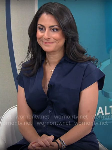 Dr Celine Gounder’s navy shirtdress on CBS Mornings