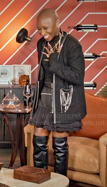 Cynthia Erivo’s chain embellished jacket and mini skirt on Hart to Heart