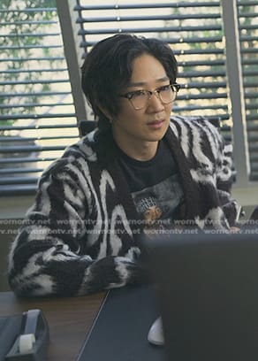 Daniel’s black and white swirl cardigan on Reasonable Doubt