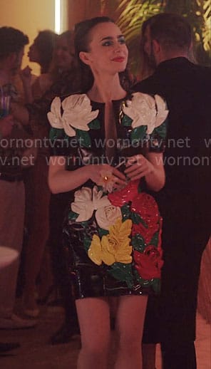 Emily’s floral patent leather dress on Emily in Paris
