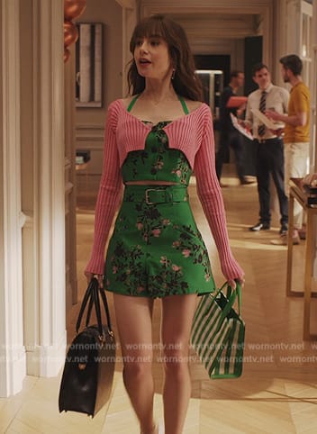 Emily’s green top and shorts and cropped cardigan on Emily in Paris