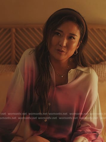 Mindy’s pink tie dye top and shorts on Emily in Paris