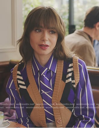 Emily’s purple striped shirt and knit vest on Emily in Paris
