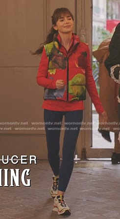 Emiy’s floral puffer vest on Emily in Paris