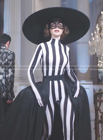 Emily’s black and white striped jumpsuit on Emily in Paris