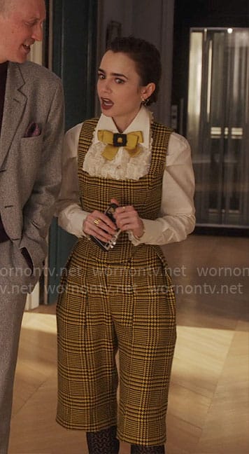 Emily’s yellow houndstooth corset top and shorts set on Emily in Paris