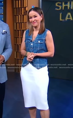 Eva’s denim vest and white pencil skirt on Good Morning America
