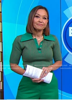 Eva’s green polo and pants on Good Morning America