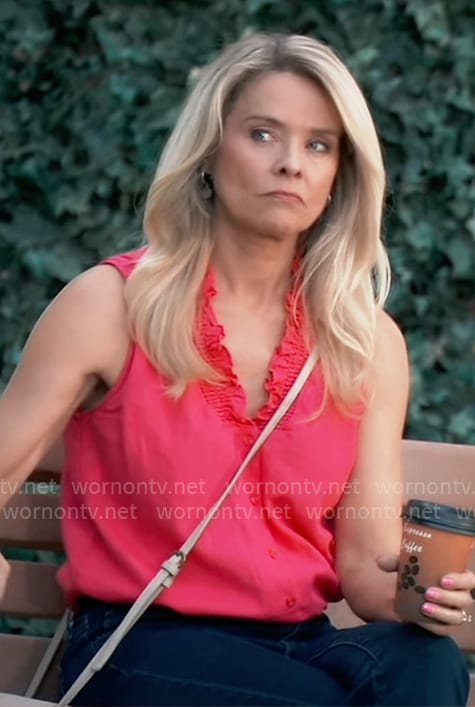 Felicia’s pink sleeveless ruffle trim top on General Hospital