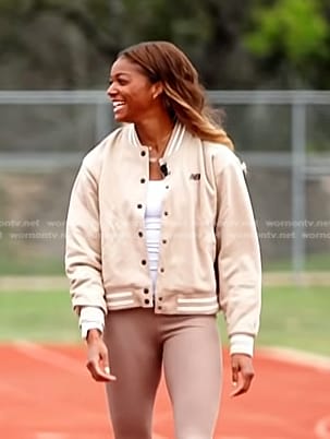 Gabby Thomas’s beige varsity jacket on NBC News Daily