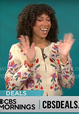 Gabrielle Kerr’s floral embroidered jacket on CBS Mornings