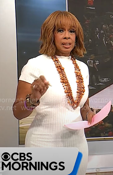 Gayle King’s white rib knit midi dress on CBS Mornings
