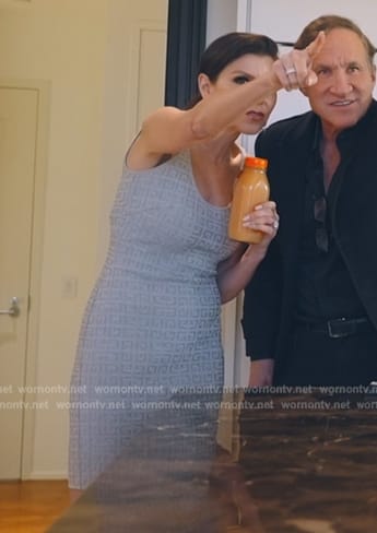 Heather’s gray logo embossed sleeveless dress on The Real Housewives of Orange County