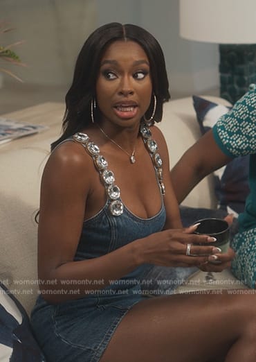 Hillary’s embellished strap denim mini dress on Bel-Air