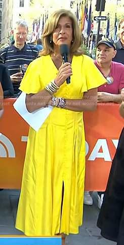 Hoda’s yellow button front v-neck dress on Today