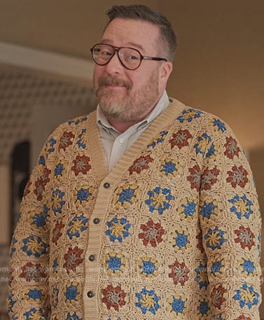 Howard’s crochet knit cardigan on Only Murders in the Building