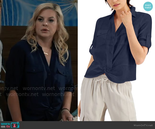 INC International Concepts Linen Twist-Hem Blouse in Indigo Sea worn by Maxie Jones (Kirsten Storms) on General Hospital
