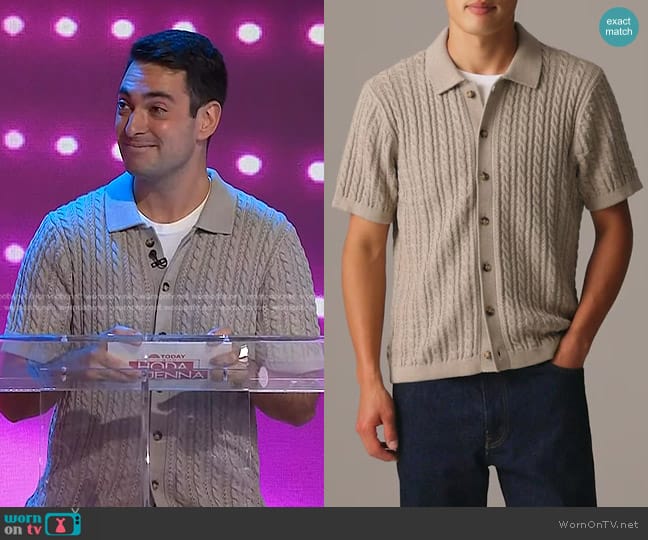 J. Crew Short-sleeve Cotton Cable-knit Polo Cardigan Sweater in Hthr Taupe worn by Ben Bass on Today