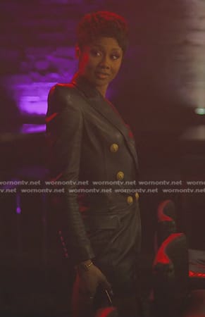 Jax’s black double breasted leather blazer dress on Reasonable Doubt
