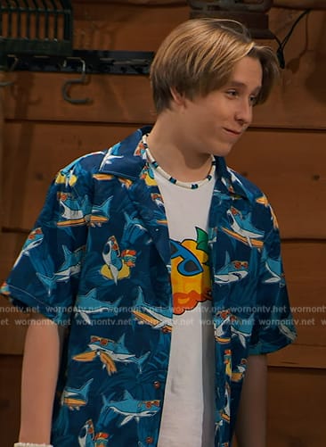 Jake’s blue shark print shirt on Bunkd