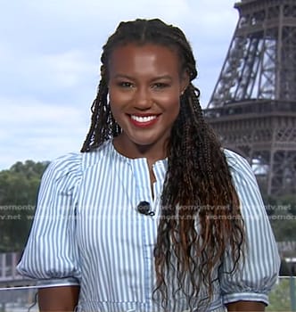 Janai’s blue striped puff sleeve dress on Good Morning America