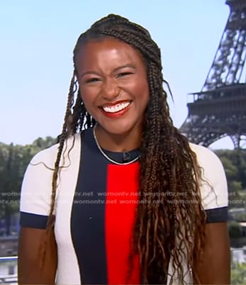 Janai’s white, navy and red colorblock dress on Good Morning America