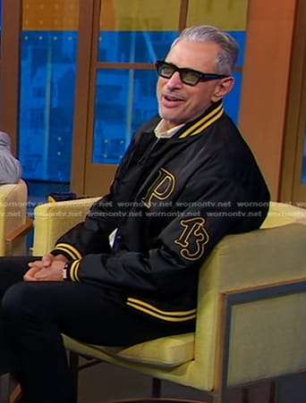 Jeff Goldblum’s black bomber jacket with patch on Good Morning America