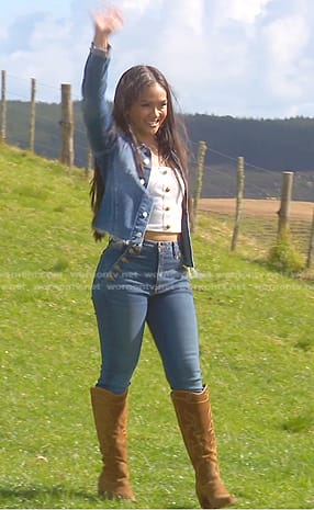 Jenn Tran’s denim jacket and brown suede cowboy boots on The Bachelorette