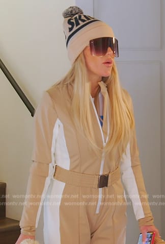 Jennifer’s beige contrast skisuit and boots on The Real Housewives of Orange County