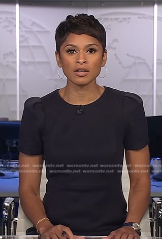 Jericka’s navy suede short sleeve dress on CBS Evening News