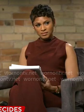 Jericka Duncan’s burgundy sleeveless jumpsuit on CBS Mornings