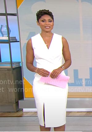Jericka Duncan’s white v-neck sheath dress on CBS Mornings