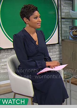 Jericka Duncan’s navy v-neck long sleeve midi dress on CBS Mornings