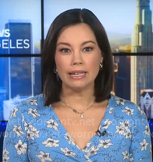 Jo Ling Kent’s blue floral wrap dress on CBS Mornings