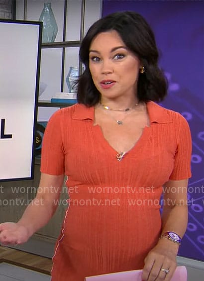 Jo Ling Kent’s orange rib knit polo dress on CBS Mornings