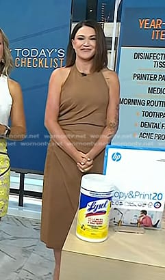 Joanie Demer’s brown gathered halter neck dress on Today
