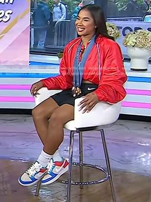 Jordan Chiles’ red jacket and black pleated mini skirt on Today
