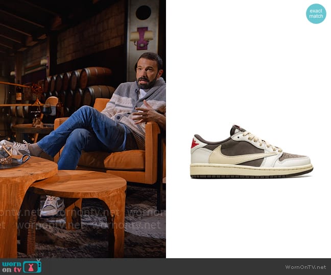 Jordan x Travis Scott Air Jordan 1 Low OG Reverse Mocha sneakers worn by Ben Affleck on Hart to Heart