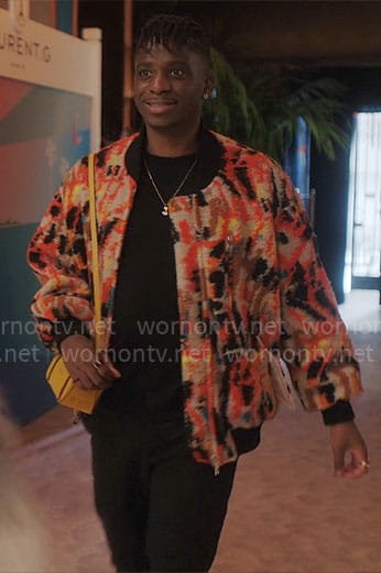 Julien’s orange printed bomber jacket on Emily in Paris